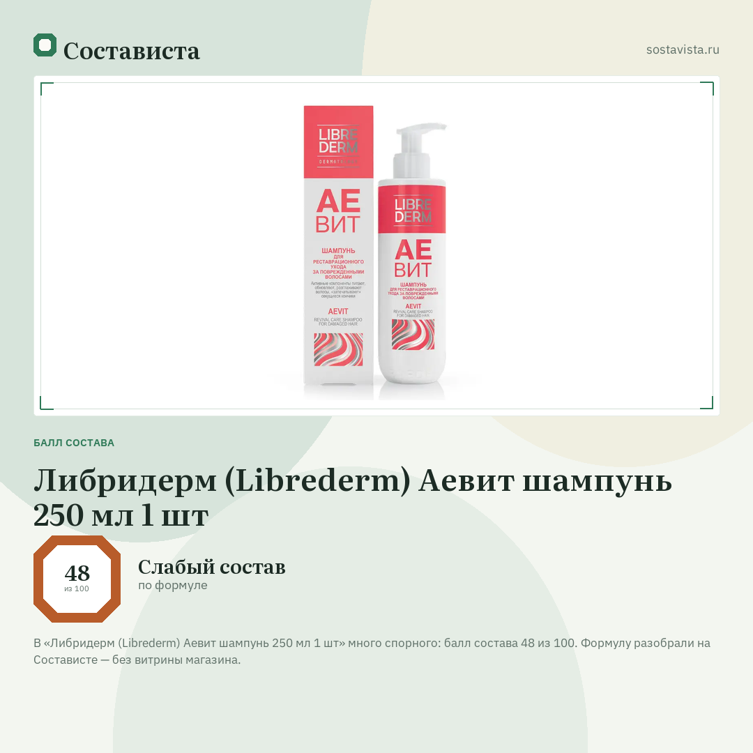 Либридерм (Librederm) Аевит шампунь 250 мл 1 шт: балл состава 48 из 100 — Состависта