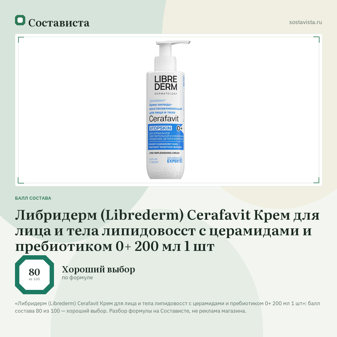 Либридерм (Librederm) Cerafavit Крем для лица и тела липидовосст с церамидами и пребиотиком 0+ 200 мл 1 шт: балл состава 80 из 100 — Состависта