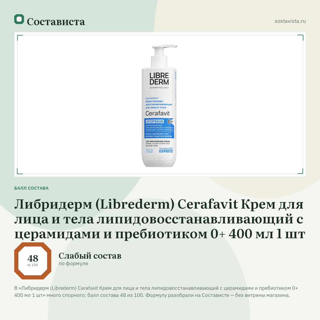Либридерм (Librederm) Cerafavit Крем для лица и тела липидовосстанавливающий с церамидами и пребиотиком 0+ 400 мл 1 шт: балл состава 48 из 100 — Состависта
