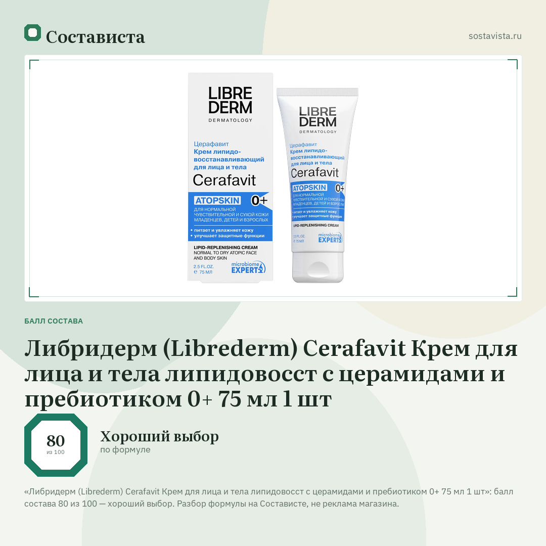 Либридерм (Librederm) Cerafavit Крем для лица и тела липидовосст с церамидами и пребиотиком 0+ 75 мл 1 шт: балл состава 80 из 100 — Состависта
