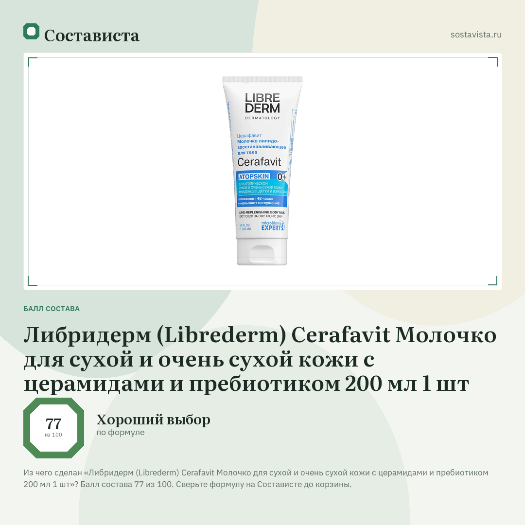 Либридерм (Librederm) Cerafavit Молочко для сухой и очень сухой кожи с церамидами и пребиотиком 200 мл 1 шт: балл состава 77 из 100 — Состависта