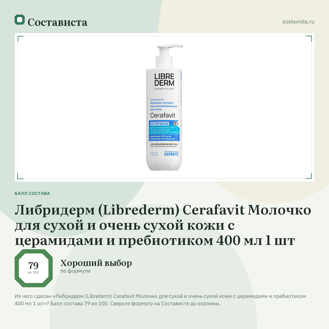 Либридерм (Librederm) Cerafavit Молочко для сухой и очень сухой кожи с церамидами и пребиотиком 400 мл 1 шт: балл состава 79 из 100 — Состависта