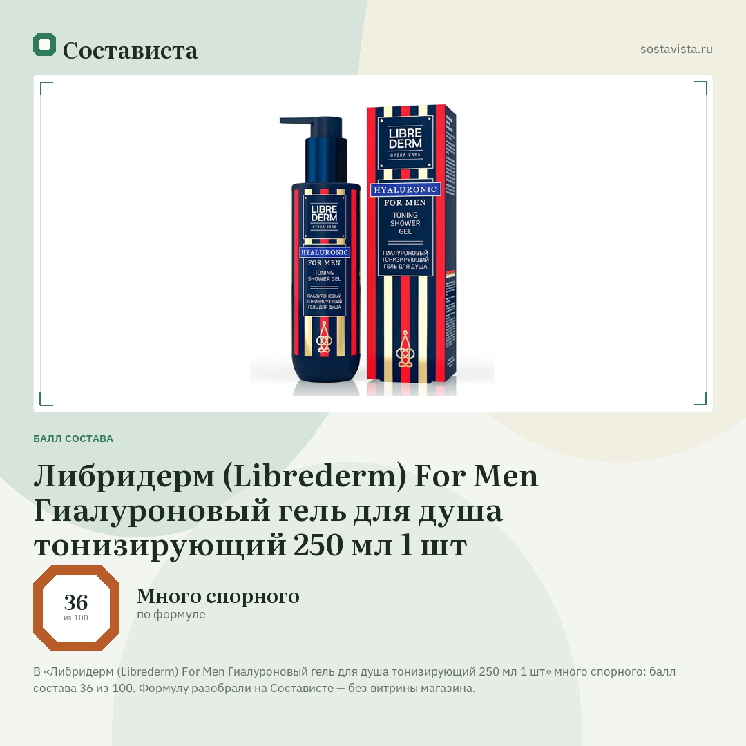 Либридерм (Librederm) For Men Гиалуроновый гель для душа тонизирующий 250 мл 1 шт: балл состава 36 из 100 — Состависта