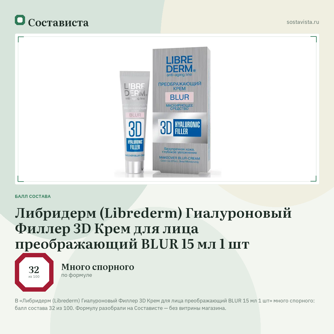 Либридерм (Librederm) Гиалуроновый Филлер 3D Крем для лица преображающий BLUR 15 мл 1 шт: балл состава 32 из 100 — Состависта