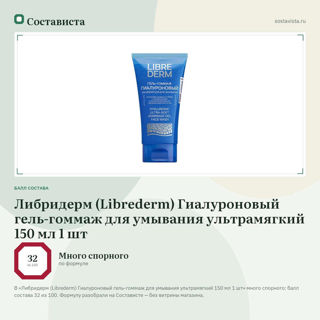 Либридерм (Librederm) Гиалуроновый гель-гоммаж для умывания ультрамягкий 150 мл 1 шт: балл состава 32 из 100 — Состависта
