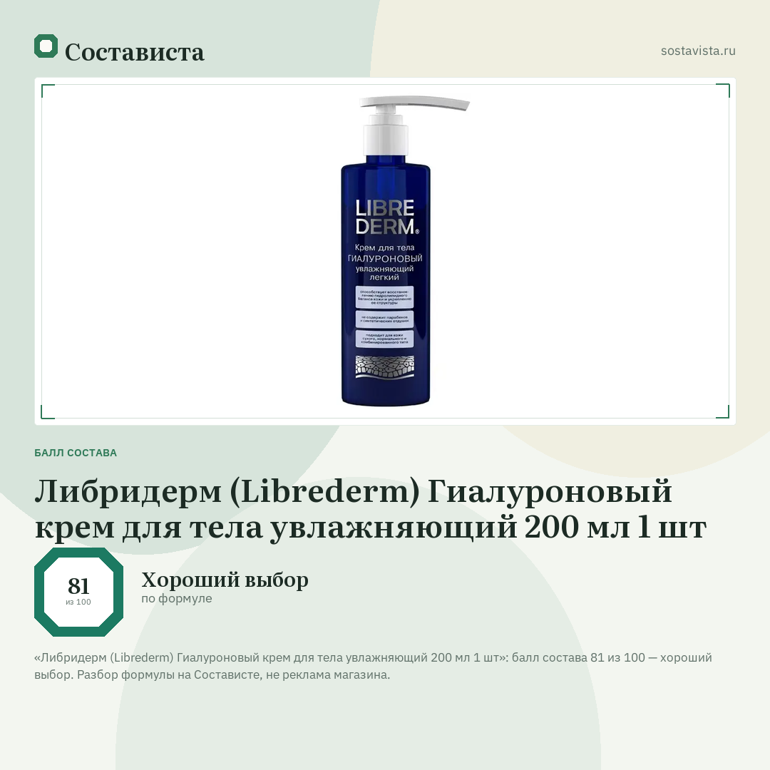 Либридерм (Librederm) Гиалуроновый крем для тела увлажняющий 200 мл 1 шт: балл состава 81 из 100 — Состависта