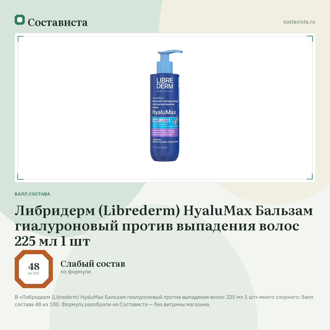 Либридерм (Librederm) HyaluMax Бальзам гиалуроновый против выпадения волос 225 мл 1 шт: балл состава 48 из 100 — Состависта