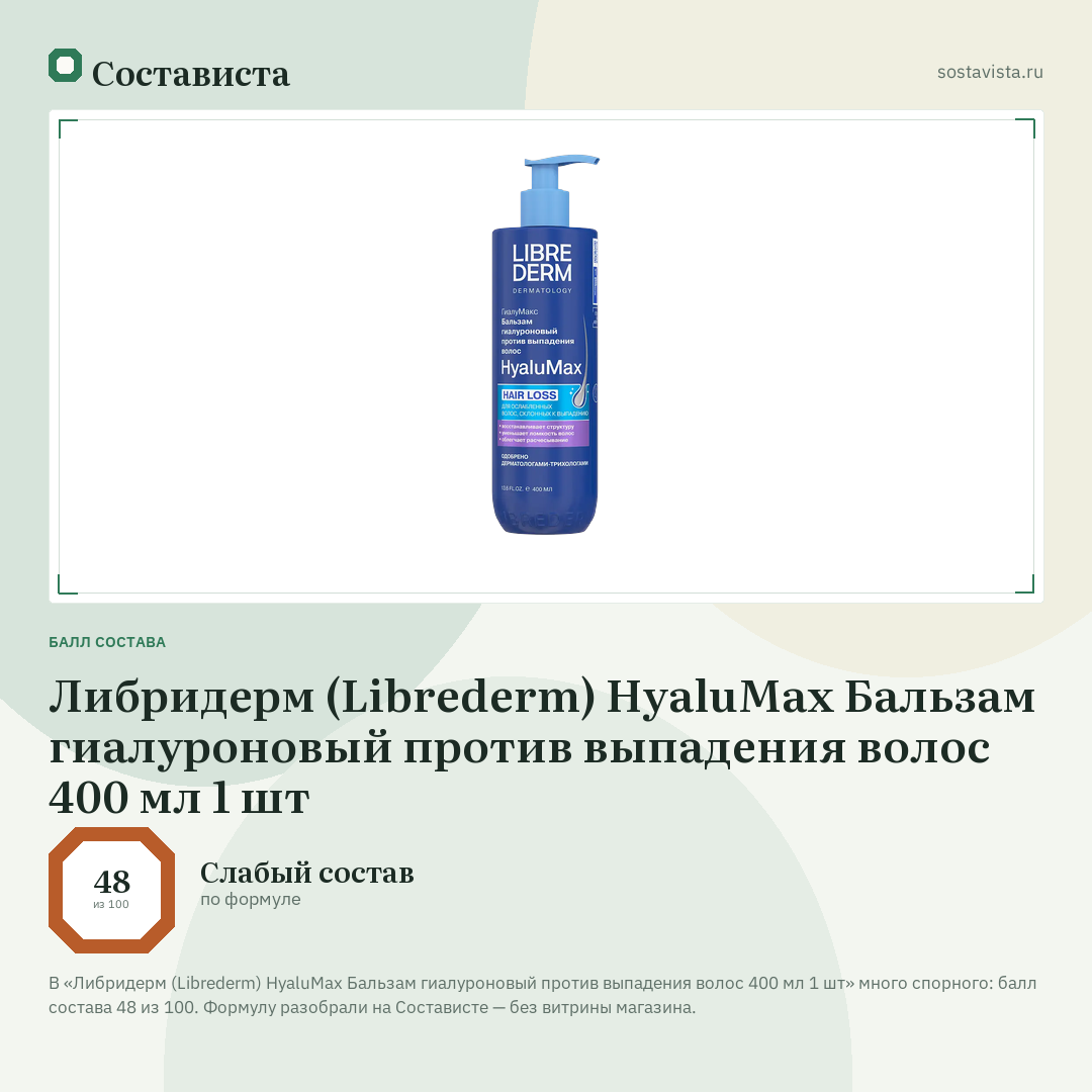 Либридерм (Librederm) HyaluMax Бальзам гиалуроновый против выпадения волос 400 мл 1 шт: балл состава 48 из 100 — Состависта