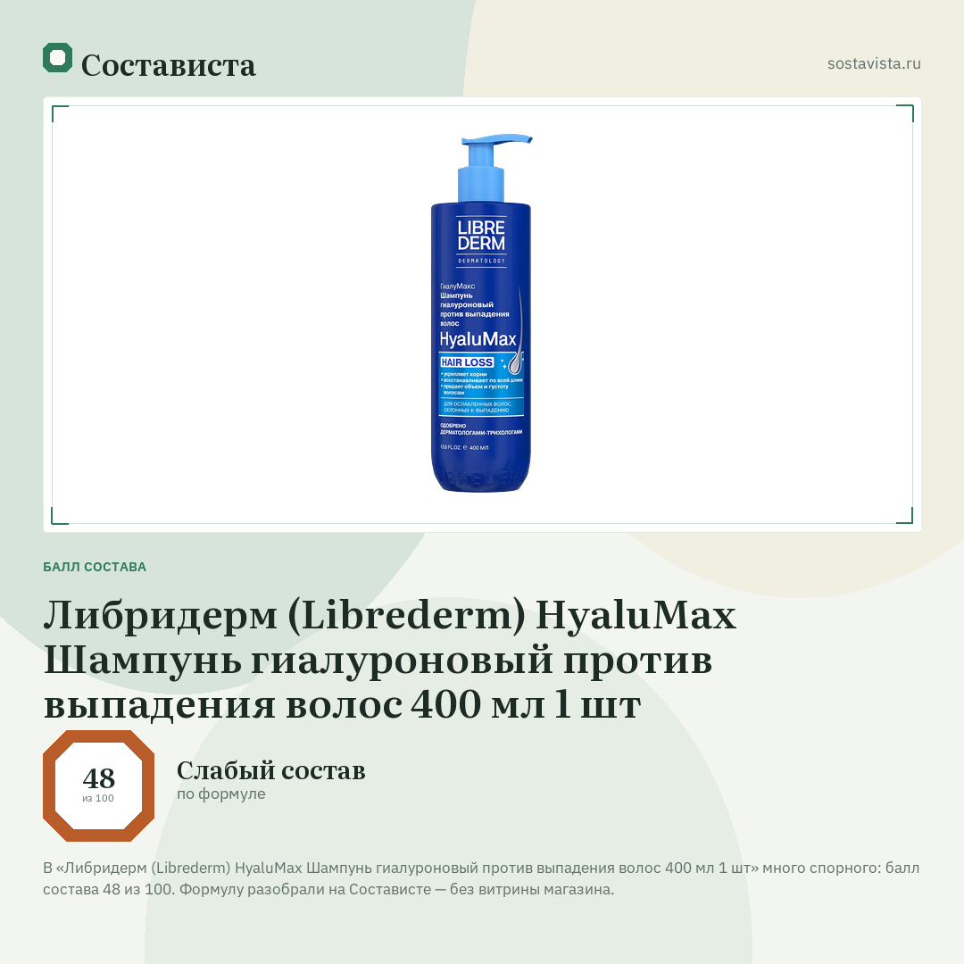Либридерм (Librederm) HyaluMax Шампунь гиалуроновый против выпадения волос 400 мл 1 шт: балл состава 48 из 100 — Состависта