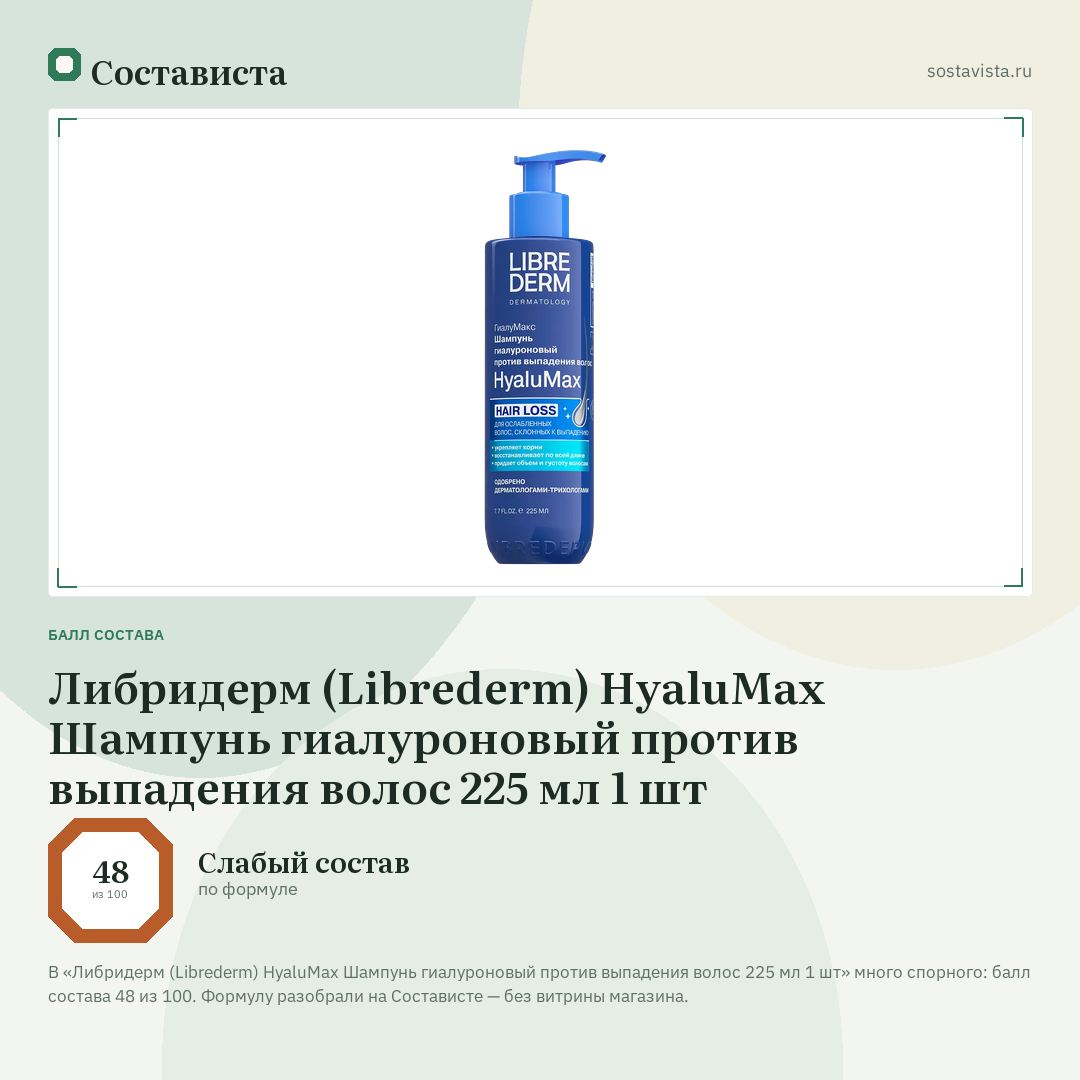 Либридерм (Librederm) HyaluMax Шампунь гиалуроновый против выпадения волос 225 мл 1 шт: балл состава 48 из 100 — Состависта