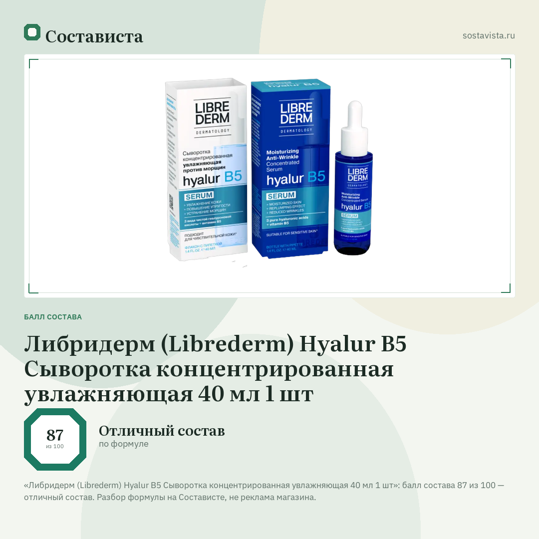 Либридерм (Librederm) Hyalur B5 Сыворотка концентрированная увлажняющая 40 мл 1 шт: балл состава 87 из 100 — Состависта