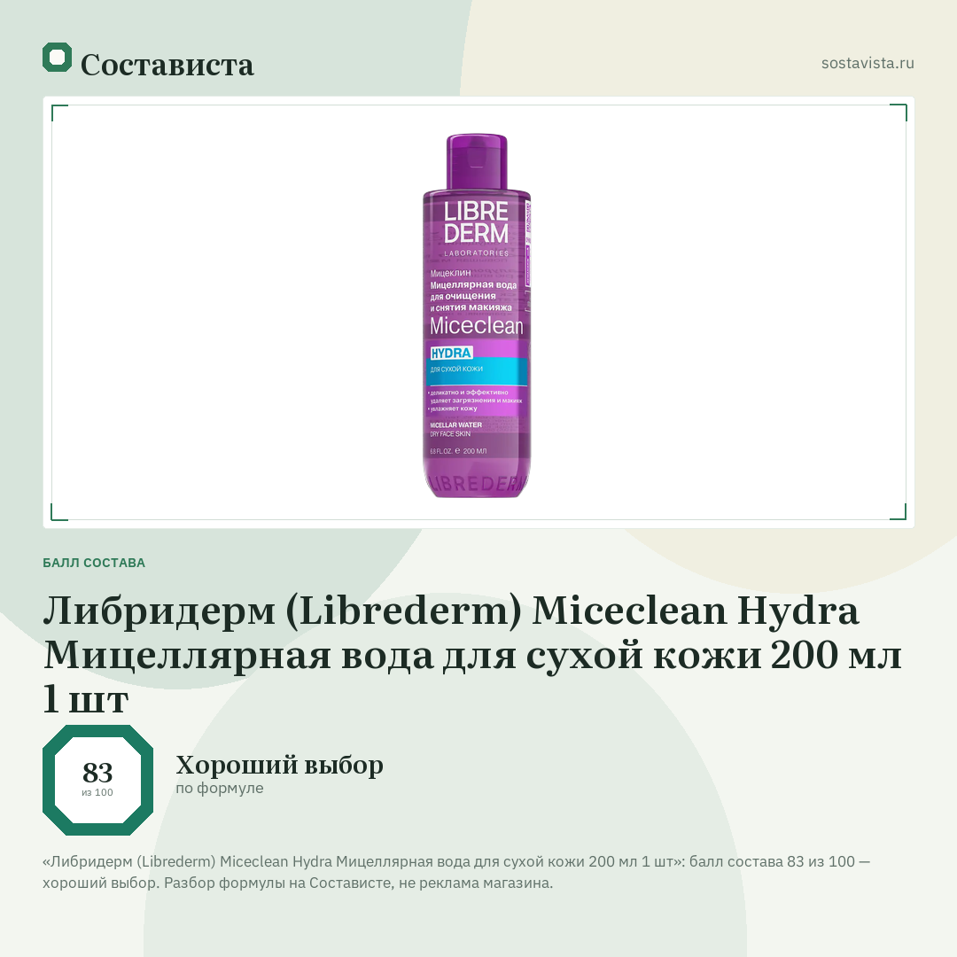 Либридерм (Librederm) Miceclean Hydra Мицеллярная вода для сухой кожи 200 мл 1 шт: балл состава 83 из 100 — Состависта