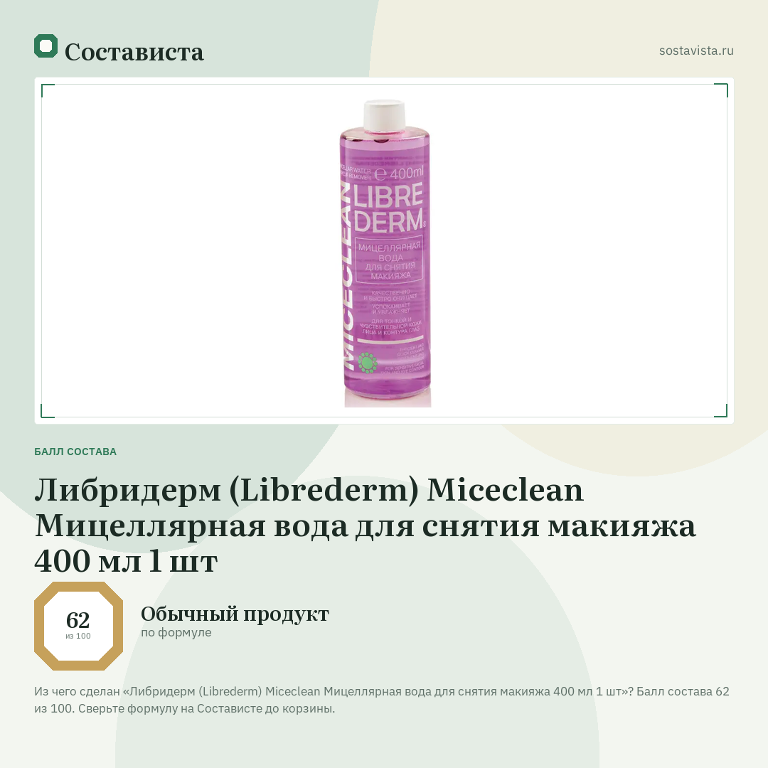 Либридерм (Librederm) Miceclean Мицеллярная вода для снятия макияжа 400 мл 1 шт: балл состава 62 из 100 — Состависта