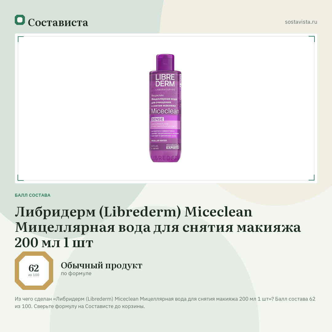 Либридерм (Librederm) Miceclean Мицеллярная вода для снятия макияжа 200 мл 1 шт: балл состава 62 из 100 — Состависта