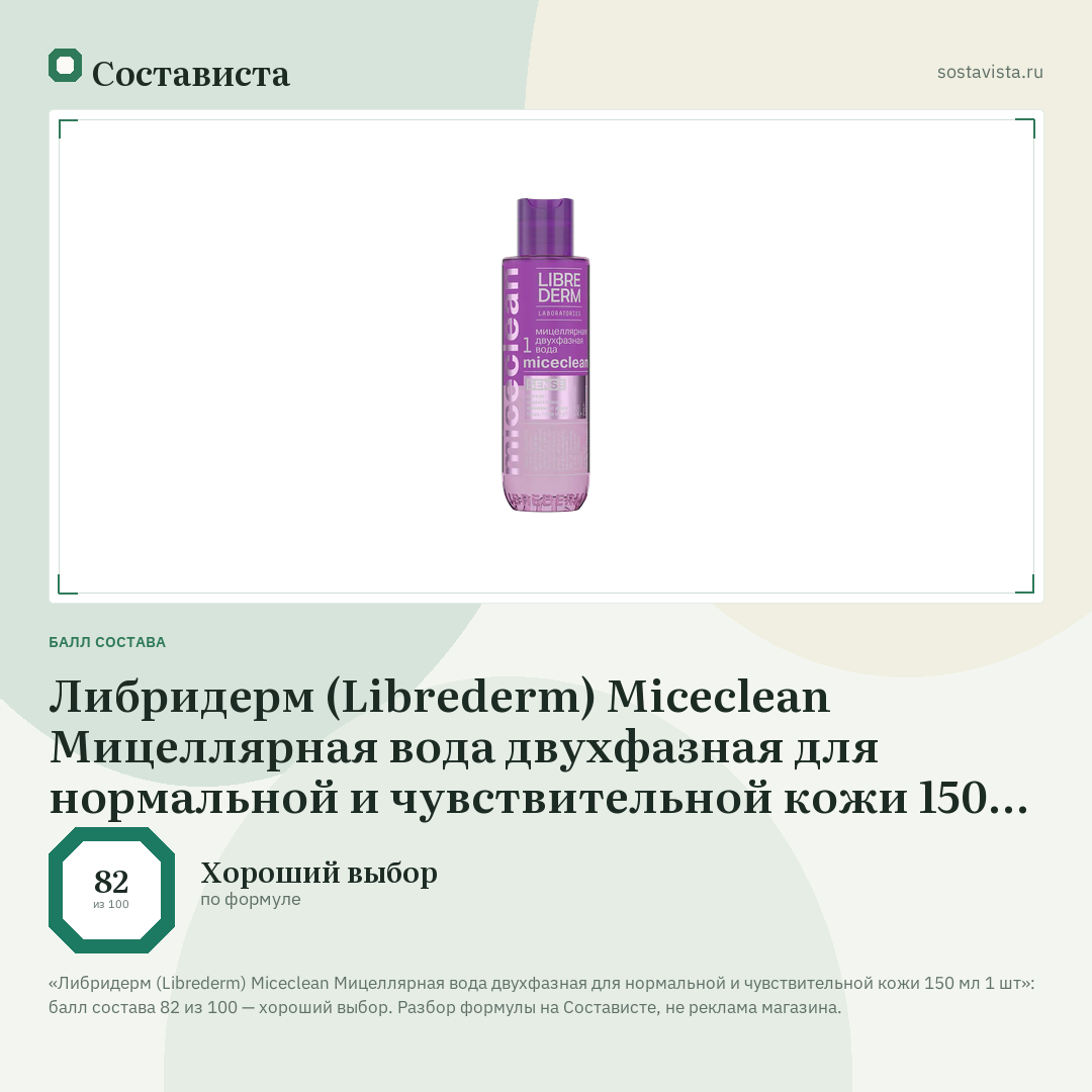 Либридерм (Librederm) Miceclean Мицеллярная вода двухфазная для нормальной и чувствительной кожи 150 мл 1 шт: балл состава 82 из 100 — Состависта
