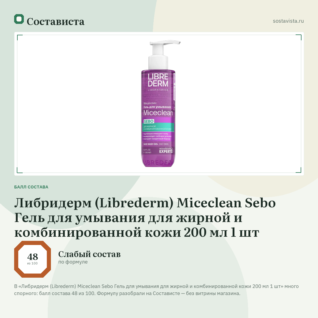 Либридерм (Librederm) Miceclean Sebo Гель для умывания для жирной и комбинированной кожи 200 мл 1 шт: балл состава 48 из 100 — Состависта