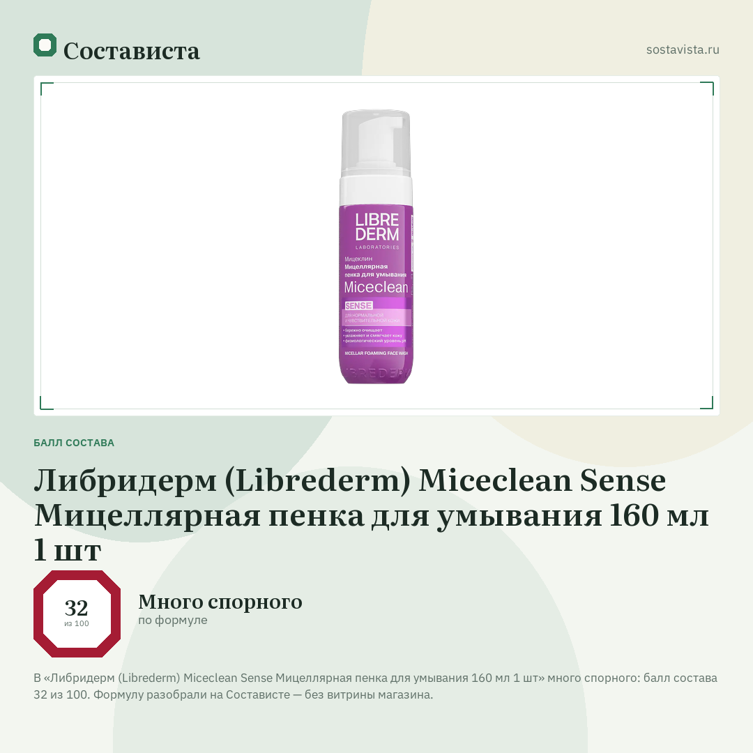 Либридерм (Librederm) Miceclean Sense Мицеллярная пенка для умывания 160 мл 1 шт: балл состава 32 из 100 — Состависта