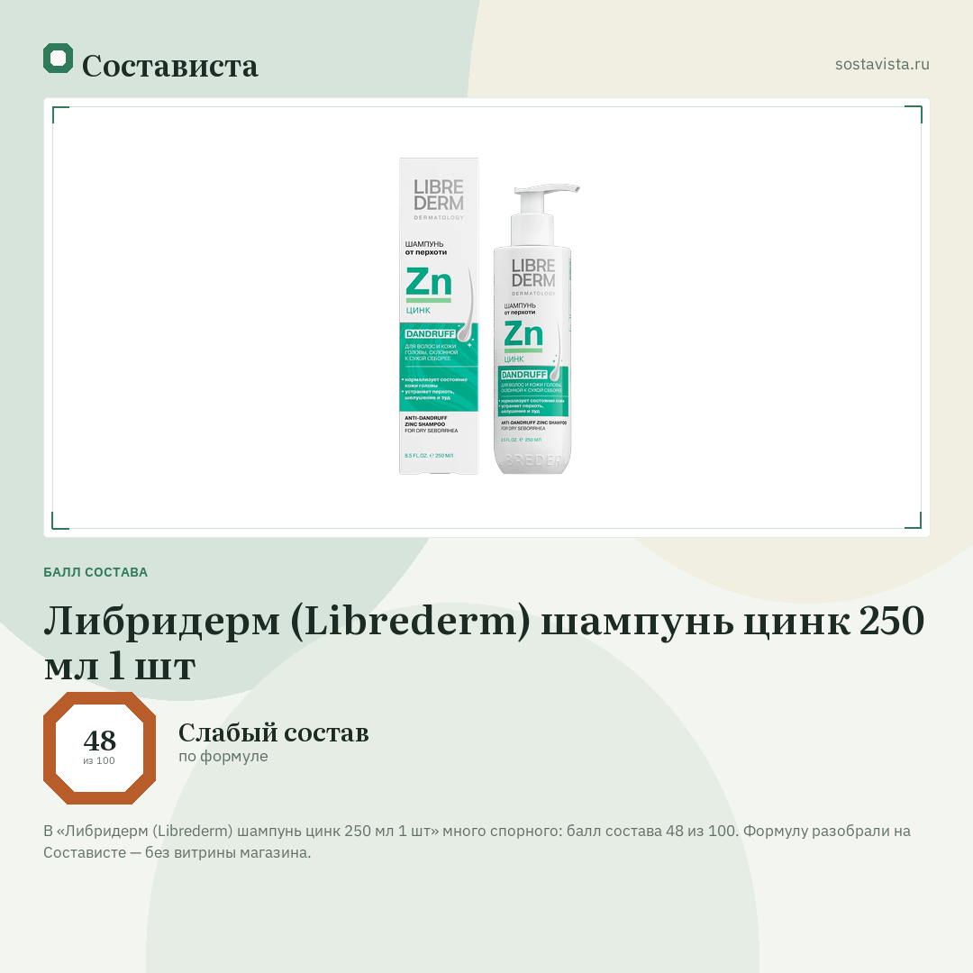 Либридерм (Librederm) шампунь цинк 250 мл 1 шт: балл состава 48 из 100 — Состависта