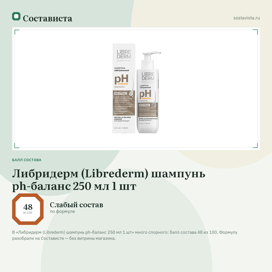 Либридерм (Librederm) шампунь ph-баланс 250 мл 1 шт: балл состава 48 из 100 — Состависта
