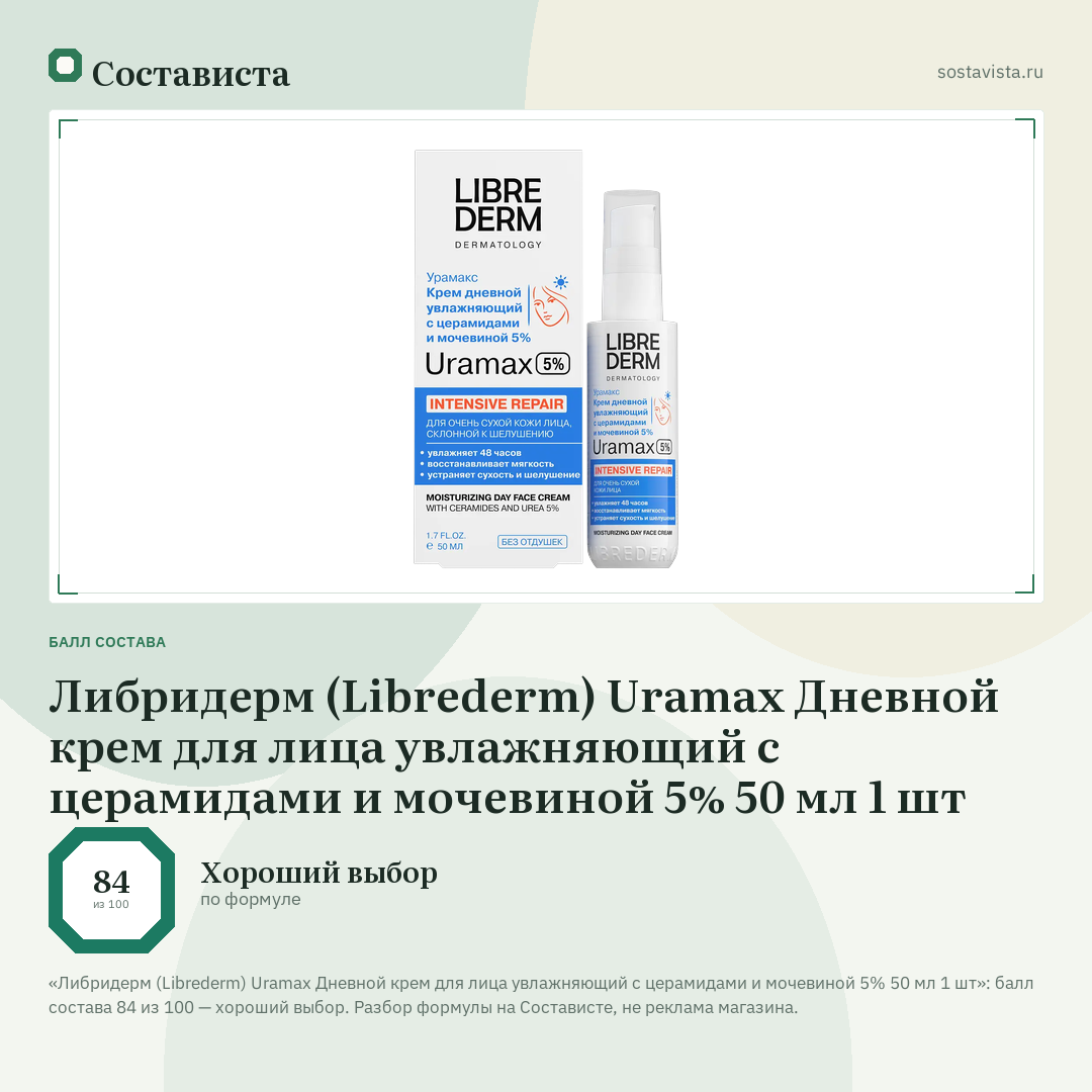 Либридерм (Librederm) Uramax Дневной крем для лица увлажняющий с церамидами и мочевиной 5% 50 мл 1 шт: балл состава 84 из 100 — Состависта