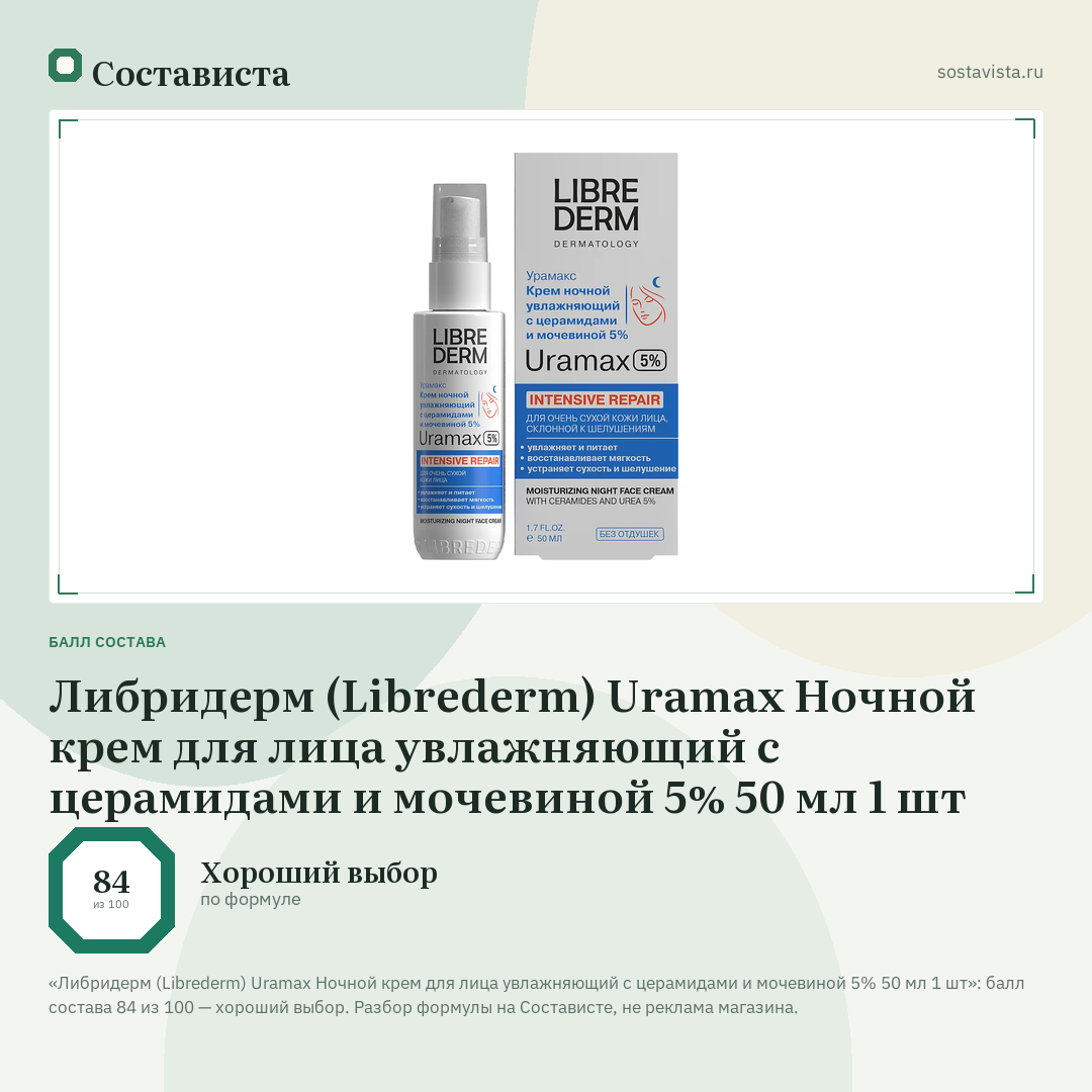 Либридерм (Librederm) Uramax Ночной крем для лица увлажняющий с церамидами и мочевиной 5% 50 мл 1 шт: балл состава 84 из 100 — Состависта