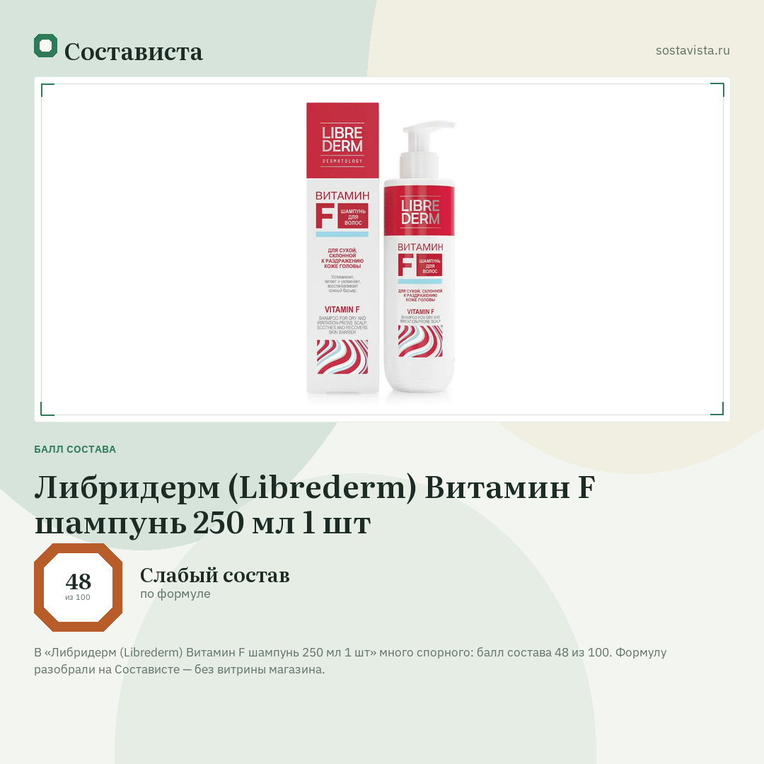 Либридерм (Librederm) Витамин F шампунь 250 мл 1 шт: балл состава 48 из 100 — Состависта