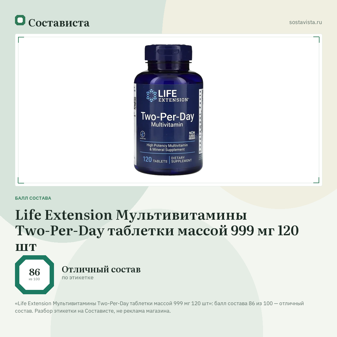 Life Extension Мультивитамины Two-Per-Day таблетки массой 999 мг 120 шт: балл состава 86 из 100 — Состависта