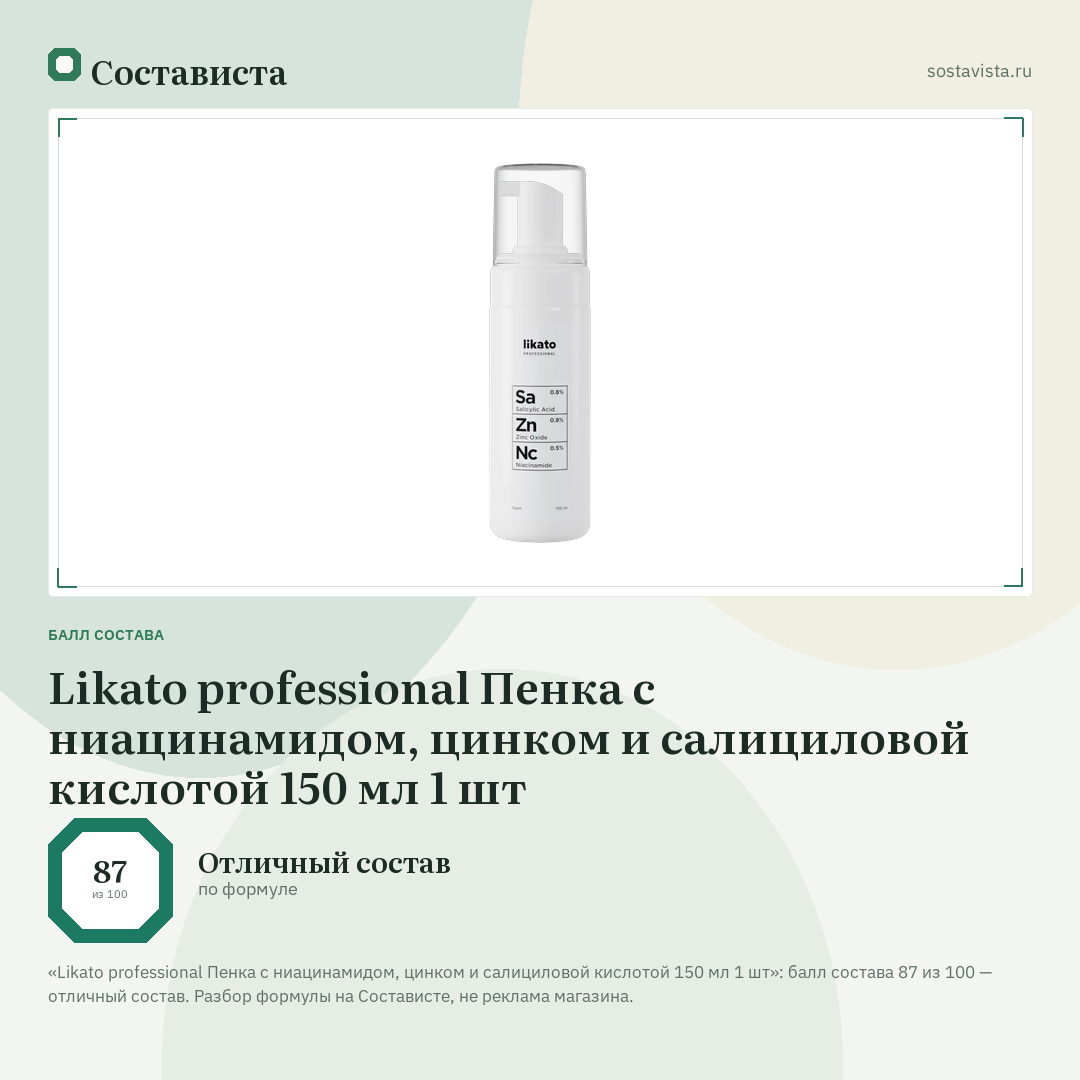 Likato professional Пенка с ниацинамидом, цинком и салициловой кислотой 150 мл 1 шт: балл состава 87 из 100 — Состависта