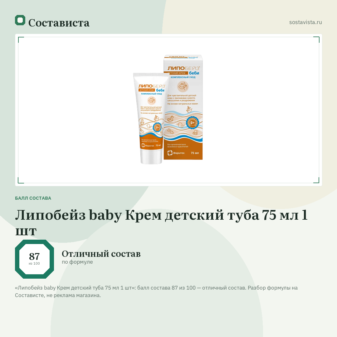 Липобейз baby Крем детский туба 75 мл 1 шт: балл состава 87 из 100 — Состависта