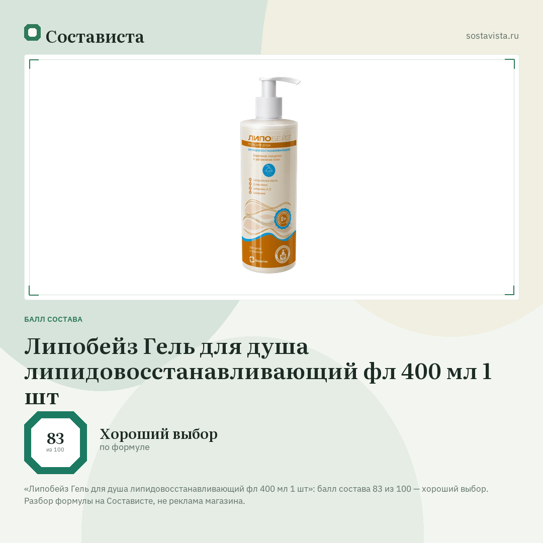 Липобейз Гель для душа липидовосстанавливающий фл 400 мл 1 шт: балл состава 83 из 100 — Состависта