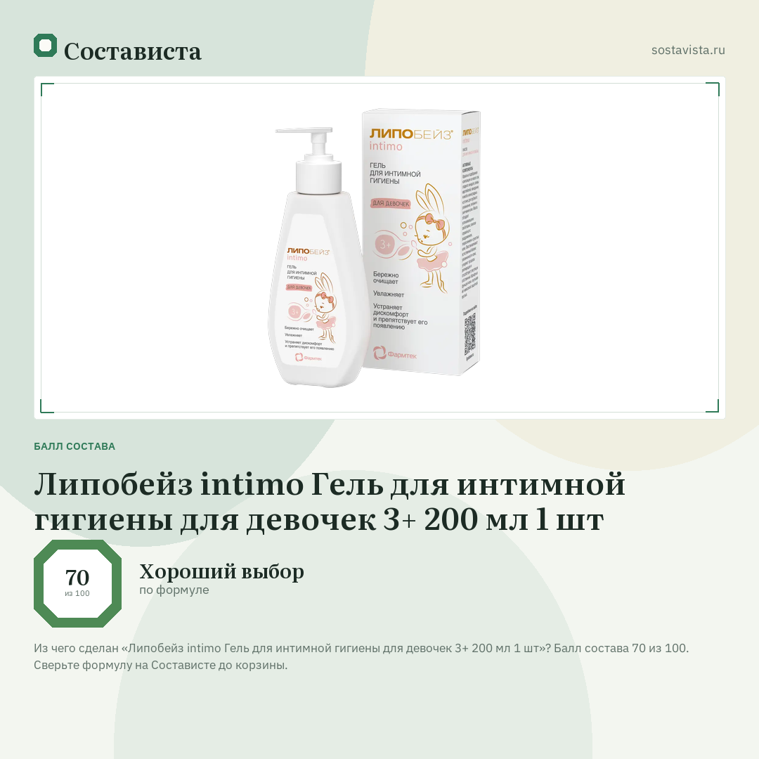 Липобейз intimo Гель для интимной гигиены для девочек 3+ 200 мл 1 шт: балл состава 70 из 100 — Состависта