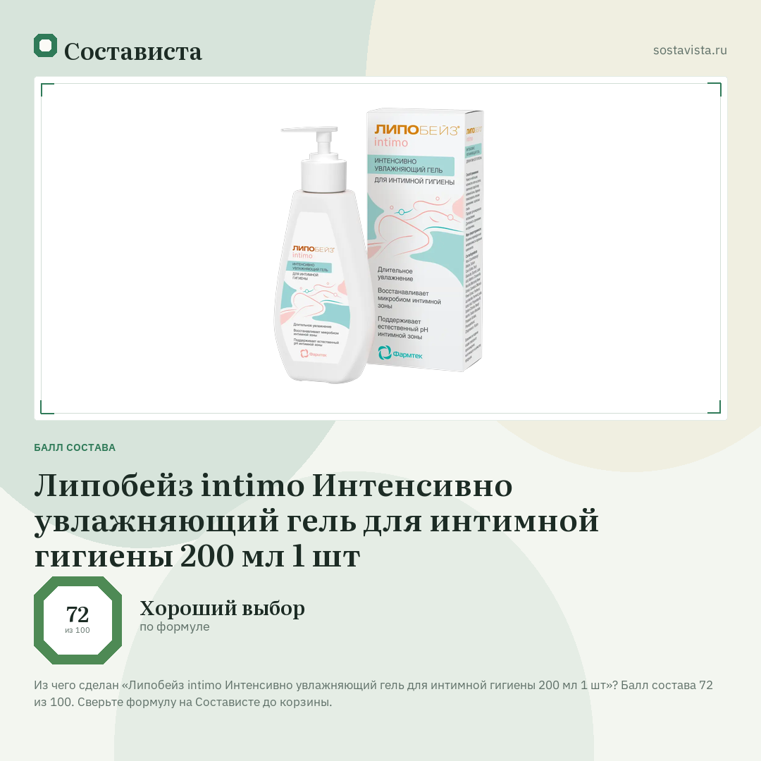 Липобейз intimo Интенсивно увлажняющий гель для интимной гигиены 200 мл 1 шт: балл состава 72 из 100 — Состависта