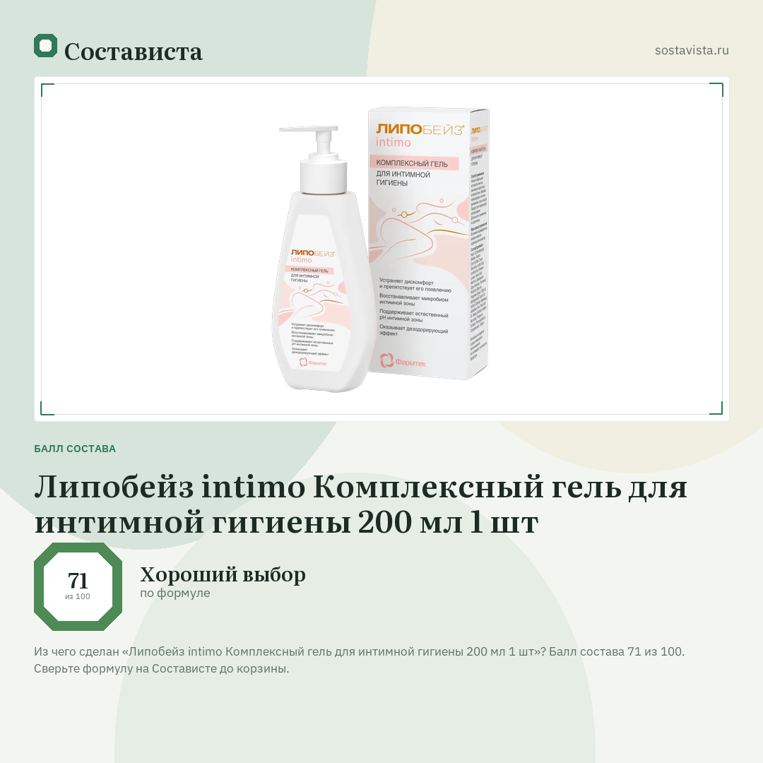 Липобейз intimo Комплексный гель для интимной гигиены 200 мл 1 шт: балл состава 71 из 100 — Состависта