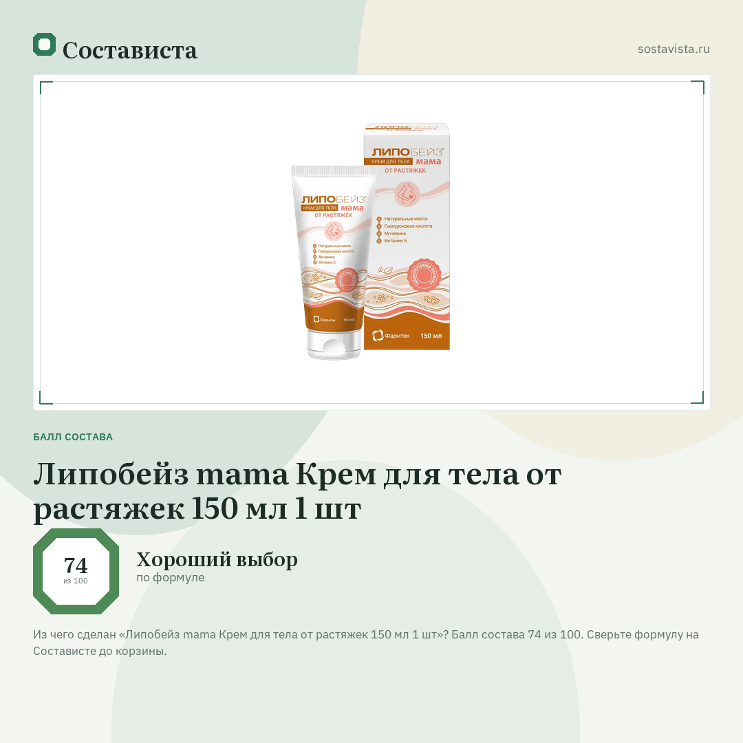 Липобейз mama Крем для тела от растяжек 150 мл 1 шт: балл состава 74 из 100 — Состависта