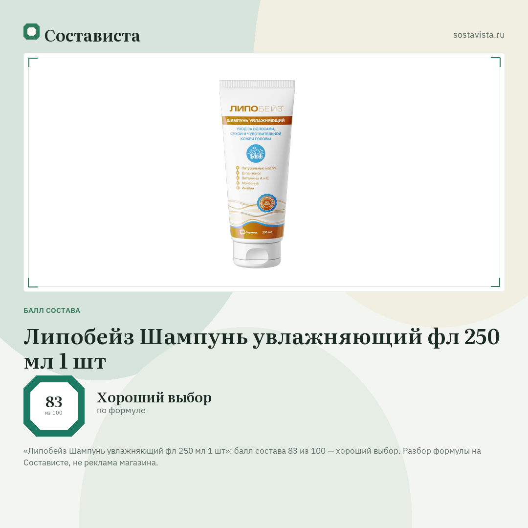 Липобейз Шампунь увлажняющий фл 250 мл 1 шт: балл состава 83 из 100 — Состависта