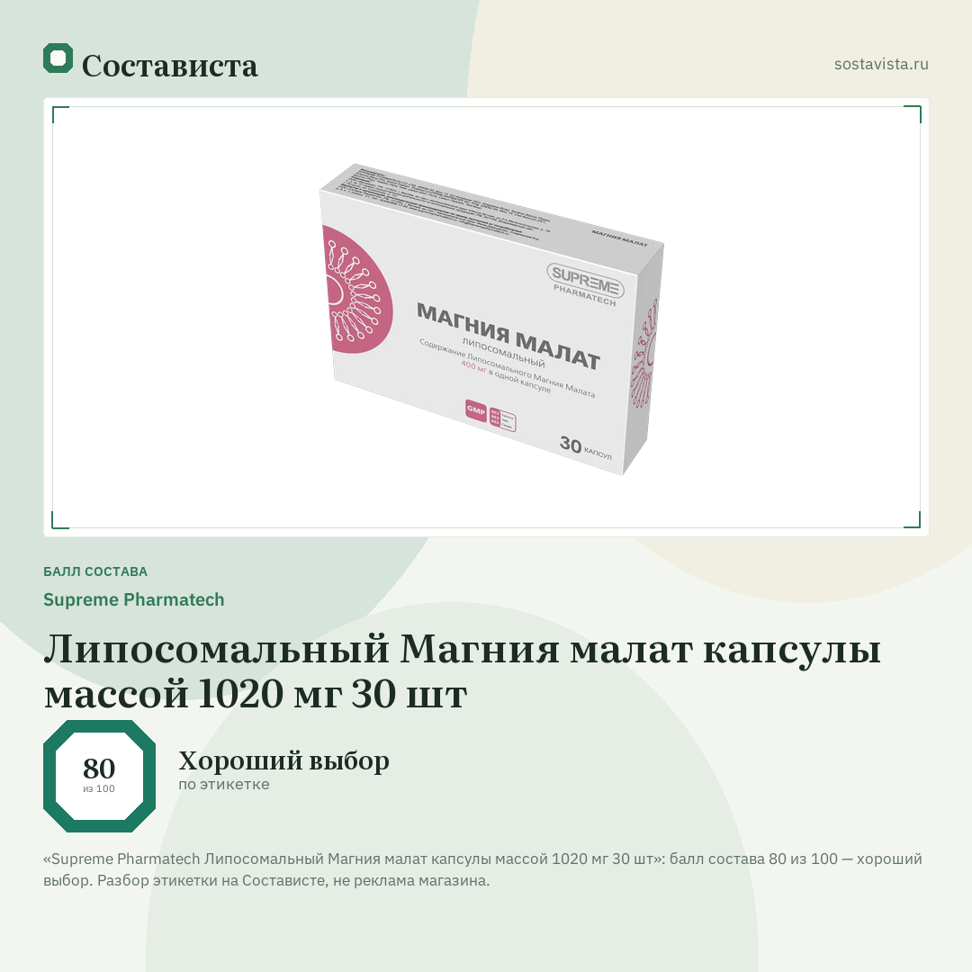 Supreme Pharmatech Липосомальный Магния малат капсулы массой 1020 мг 30 шт: балл состава 80 из 100 — Состависта