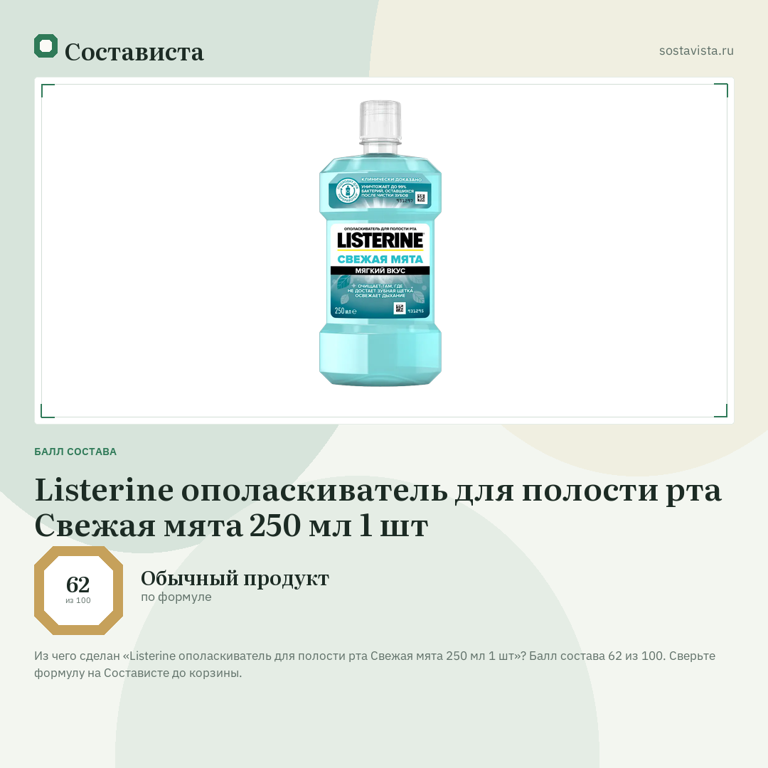 Listerine ополаскиватель для полости рта Свежая мята 250 мл 1 шт: балл состава 62 из 100 — Состависта
