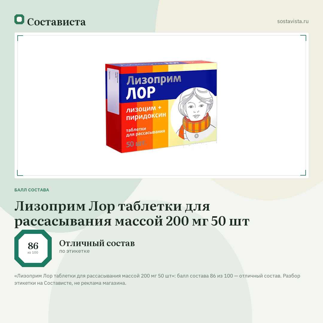 Лизоприм Лор таблетки для рассасывания массой 200 мг 50 шт: балл состава 86 из 100 — Состависта