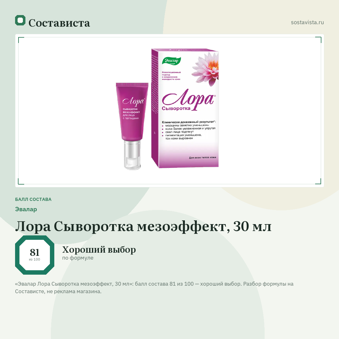 Эвалар Лора Сыворотка мезоэффект, 30 мл: балл состава 81 из 100 — Состависта