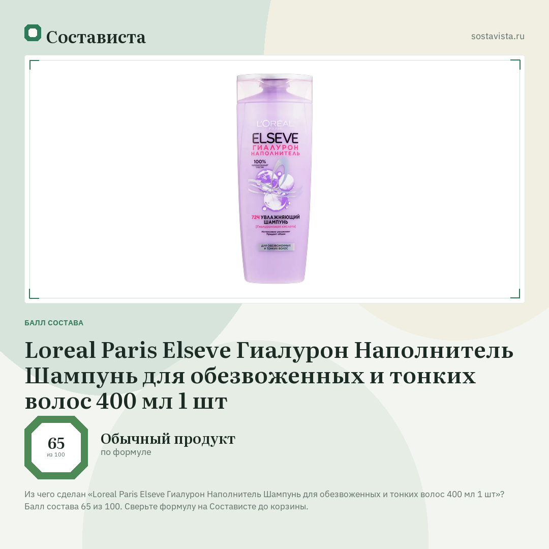 Loreal Paris Elseve Гиалурон Наполнитель Шампунь для обезвоженных и тонких волос 400 мл 1 шт: балл состава 65 из 100 — Состависта