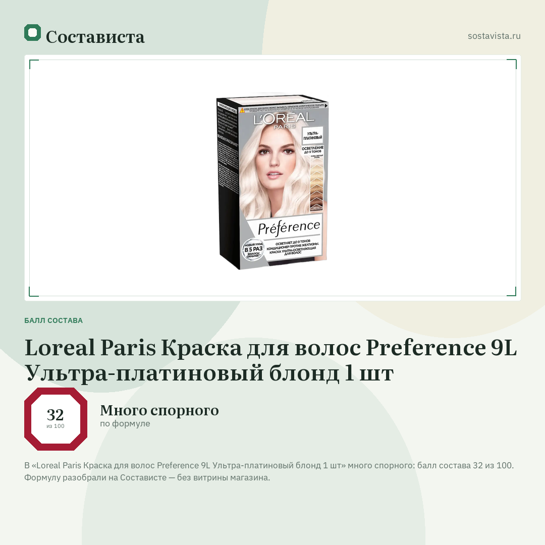 Loreal Paris Краска для волос Preference 9L Ультра-платиновый блонд 1 шт: балл состава 32 из 100 — Состависта