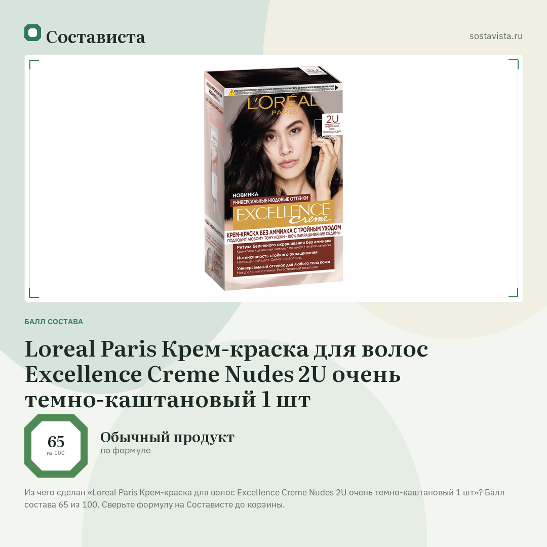 Loreal Paris Крем-краска для волос Excellence Creme Nudes 2U очень темно-каштановый 1 шт: балл состава 65 из 100 — Состависта