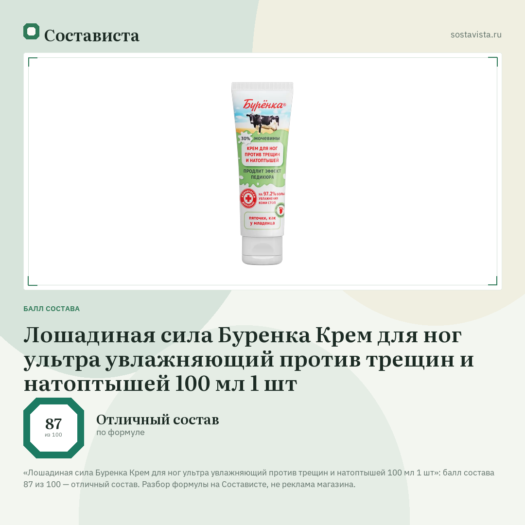 Лошадиная сила Буренка Крем для ног ультра увлажняющий против трещин и натоптышей 100 мл 1 шт: балл состава 87 из 100 — Состависта