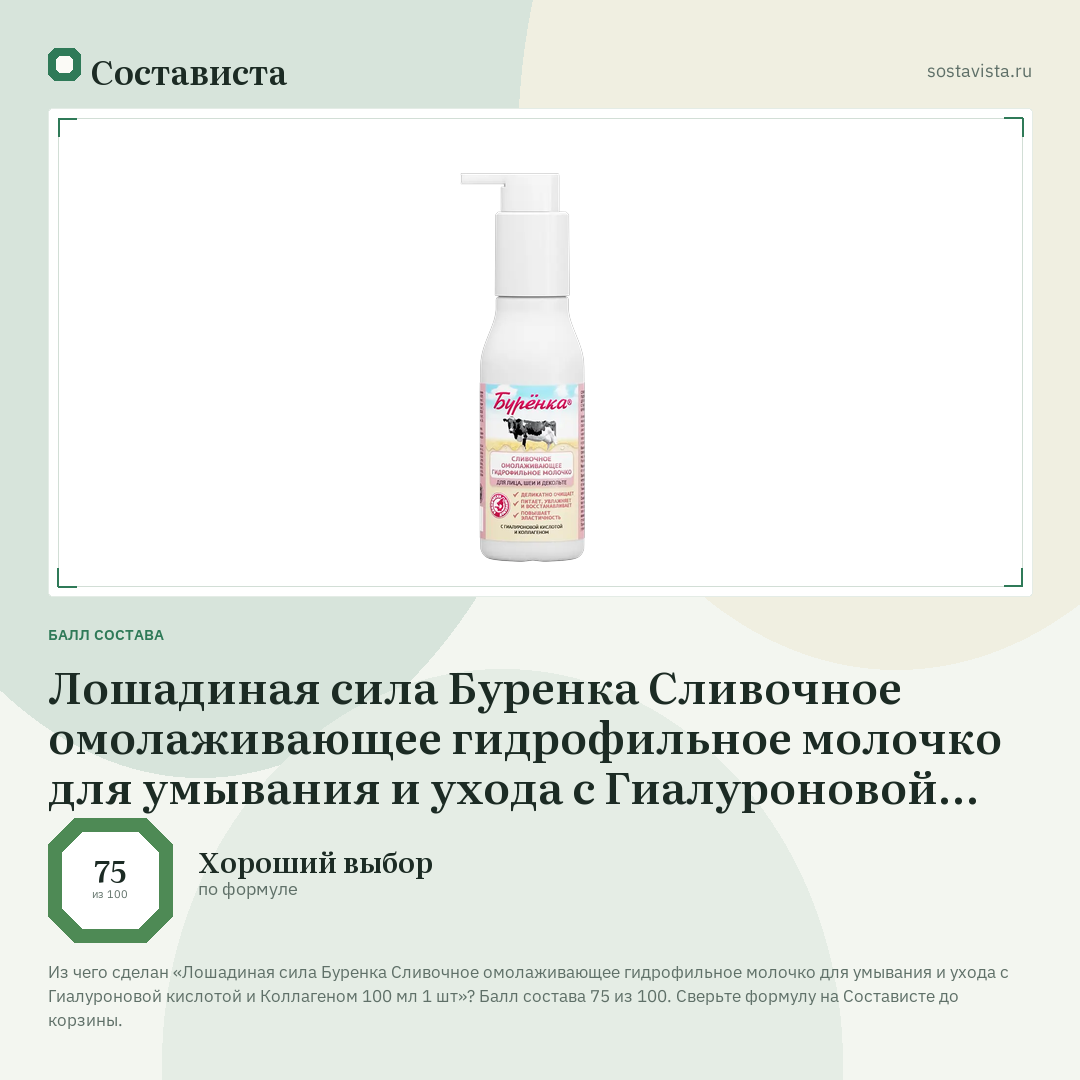 Лошадиная сила Буренка Сливочное омолаживающее гидрофильное молочко для умывания и ухода с Гиалуроновой кислотой и Коллагеном 100 мл 1 шт: балл состава 75 из 100 — Состависта