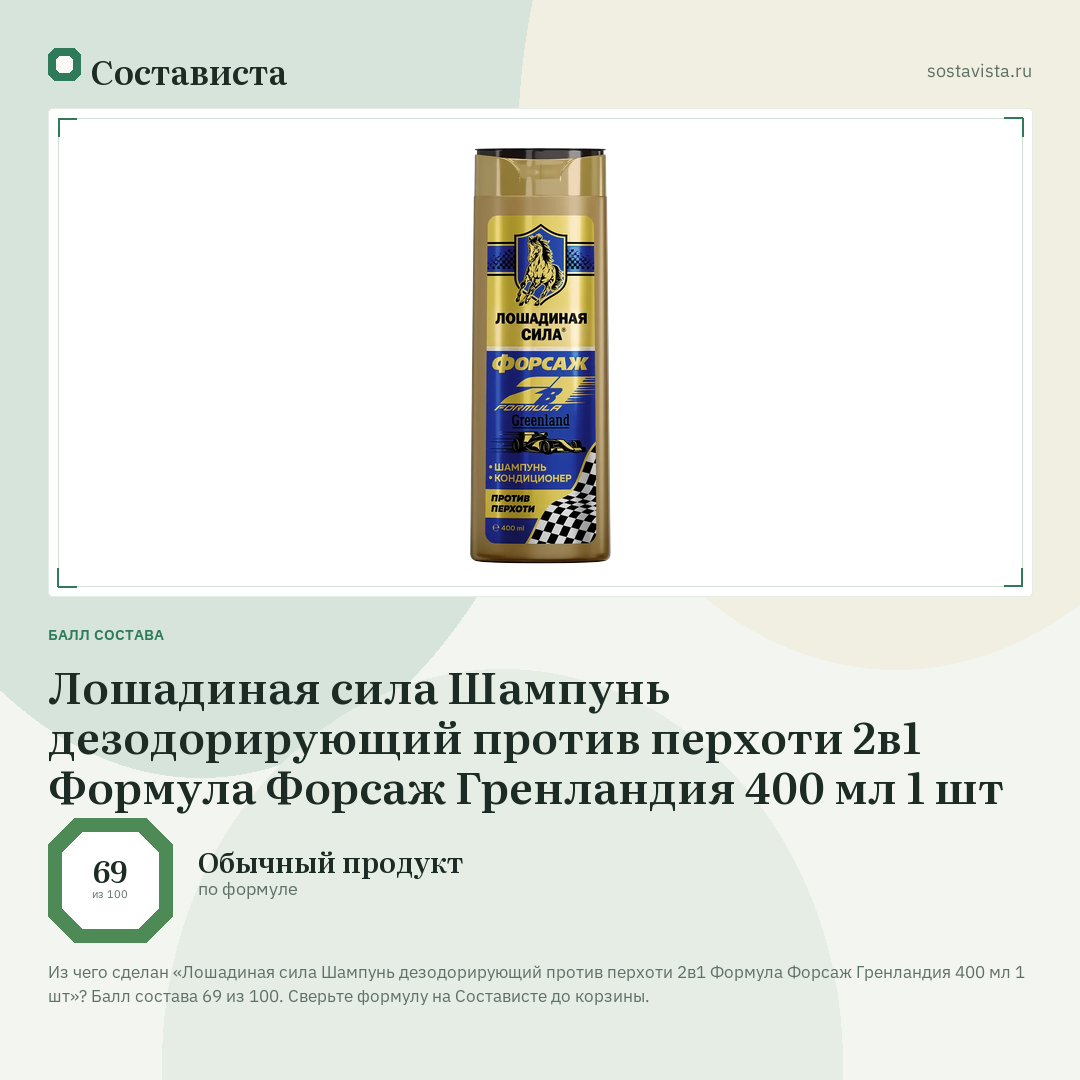 Лошадиная сила Шампунь дезодорирующий против перхоти 2в1 Формула Форсаж Гренландия 400 мл 1 шт: балл состава 69 из 100 — Состависта