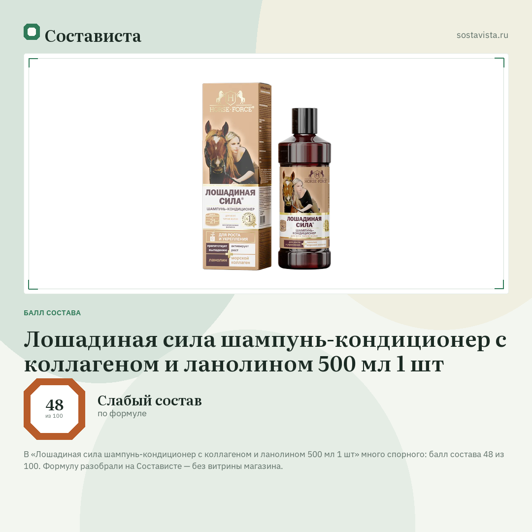 Лошадиная сила шампунь-кондиционер с коллагеном и ланолином 500 мл 1 шт: балл состава 48 из 100 — Состависта