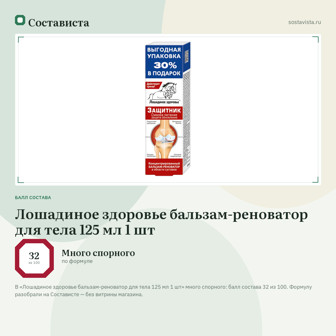 Лошадиное здоровье бальзам-реноватор для тела 125 мл 1 шт: балл состава 32 из 100 — Состависта