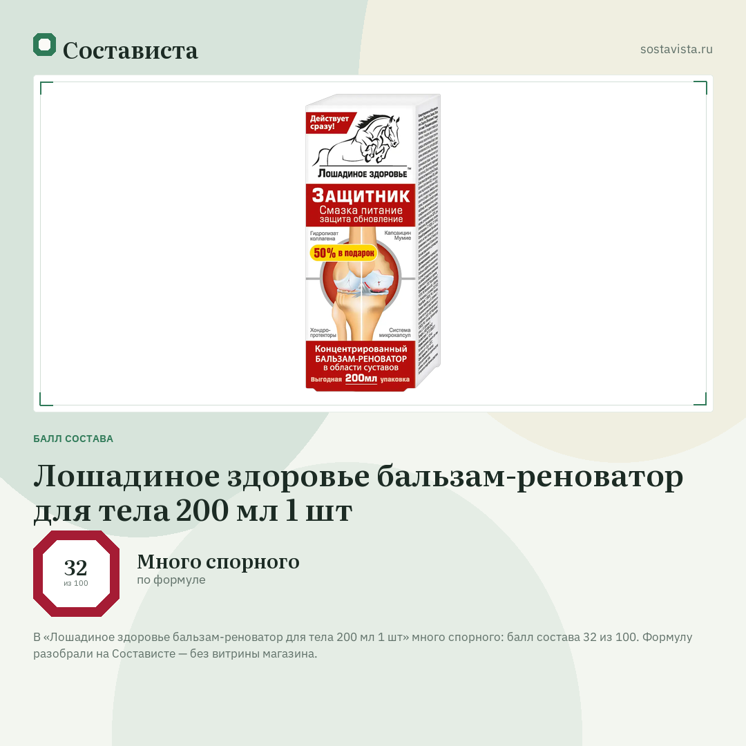 Лошадиное здоровье бальзам-реноватор для тела 200 мл 1 шт: балл состава 32 из 100 — Состависта