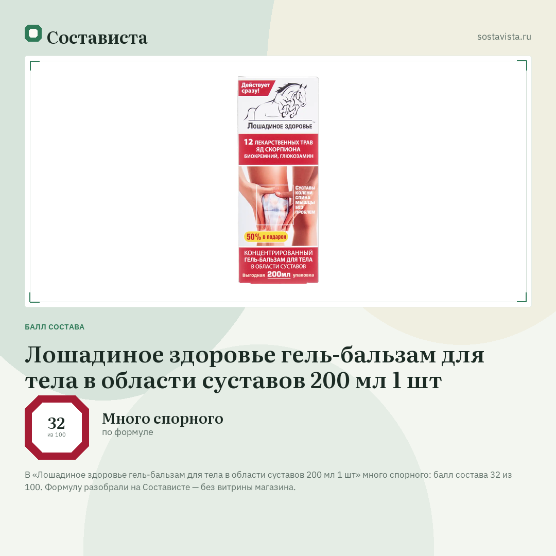 Лошадиное здоровье гель-бальзам для тела в области суставов 200 мл 1 шт: балл состава 32 из 100 — Состависта