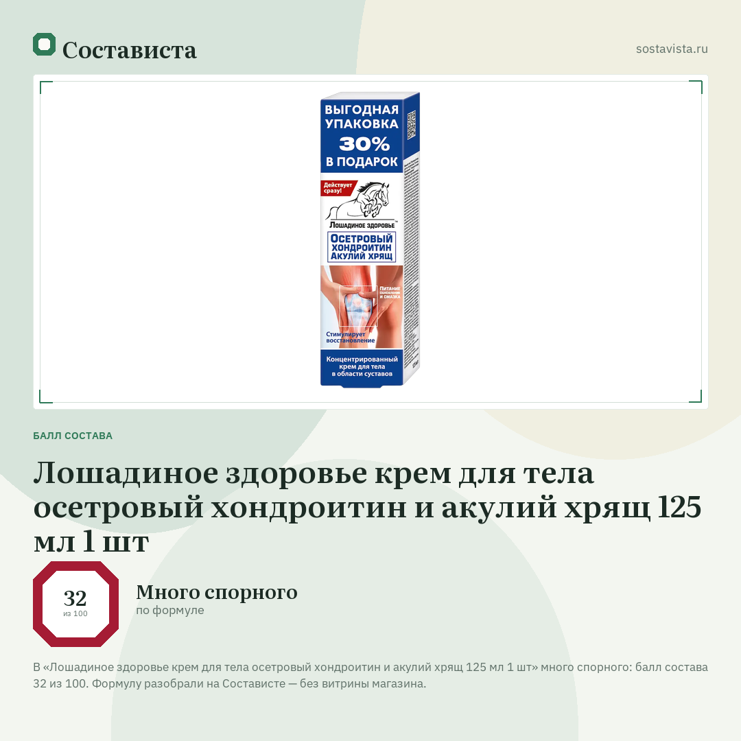 Лошадиное здоровье крем для тела осетровый хондроитин и акулий хрящ 125 мл 1 шт: балл состава 32 из 100 — Состависта